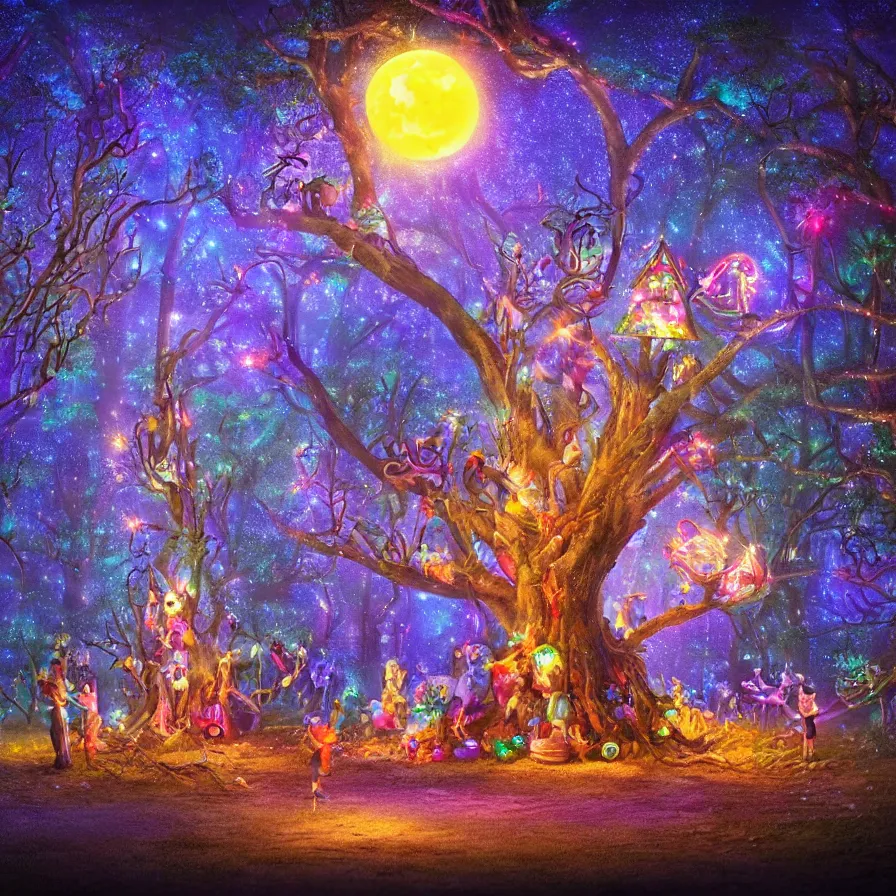 Image similar to a night carnival around a magical tree cavity, with a surreal orange moonlight and fireworks in the background, next to a lake with iridiscent water, christmas lights, folklore animals and people disguised as fantastic creatures in a magical forest by summer night, fantasy art, scene by night, dark night environment, refraction lights, glares