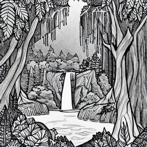 Image similar to an adult coloring page of a waterfall in the enchanted forest