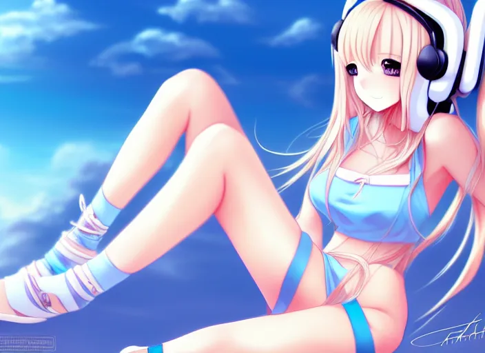 Prompt: full body shot : a very beautiful young anime girl sitting with bunny headphones, extremely long wavy long blond hair, sky blue eyes, full round face,, bikini, miniskirt, highly detailed, cinematic wallpaper by stanley artgerm lau