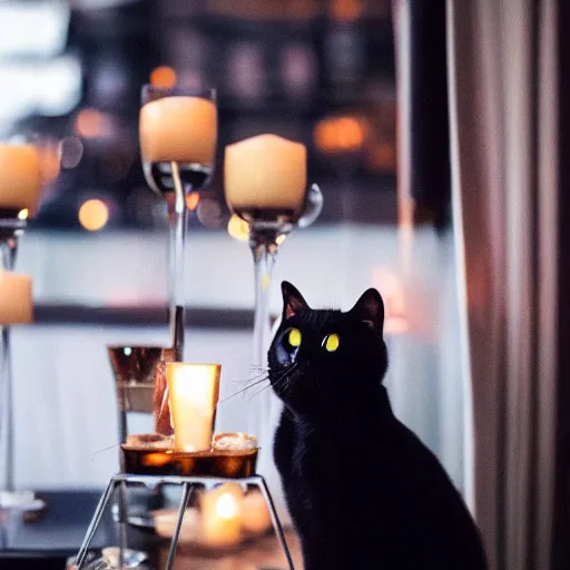 Image similar to a photo of a black cat drinking expensive champagne in a fancy dark bar, mood lighting, candles, f 1. 8, iso 1 6 0 0