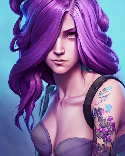 Prompt: beautiful female purple hair tattoo symmetrical face eyes full length fantasy art twitch apex fortnite Video game icon, 2d game art gta5 cover , official fanart behance hd artstation by Jesper Ejsing, by RHADS, Makoto Shinkai and Lois van baarle, ilya kuvshinov, rossdraws