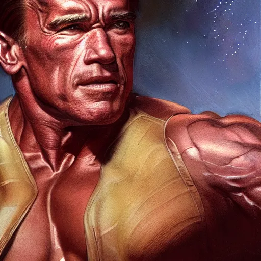 Prompt: Arnold Schwarzenegger in Total Recall, closeup character art by Donato Giancola, Craig Mullins, digital art, trending on artstation