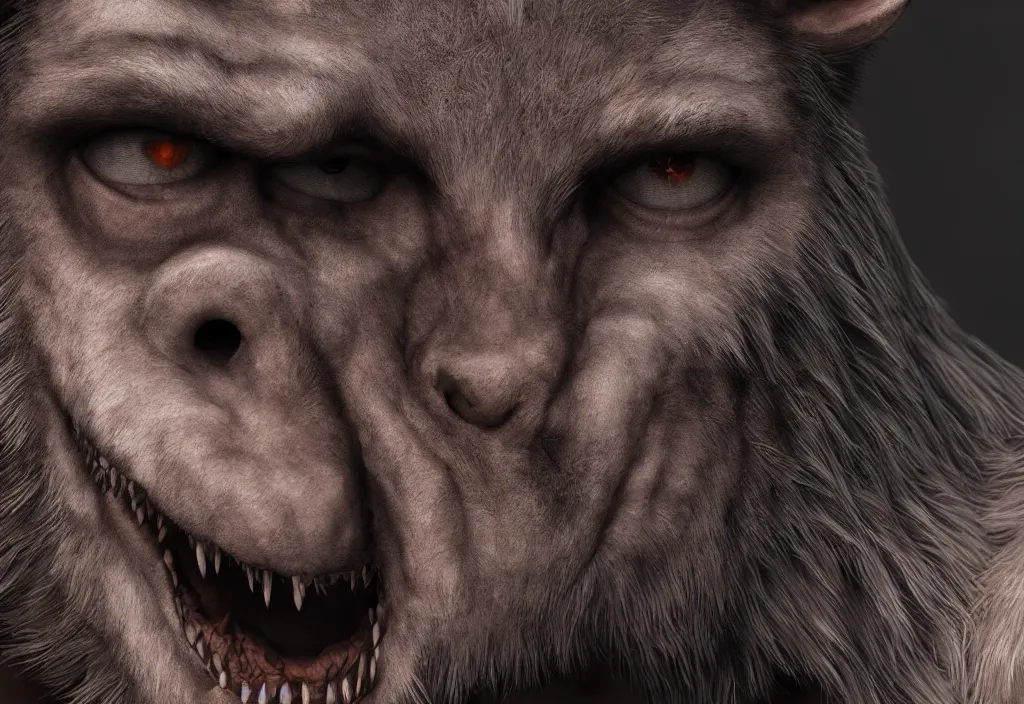 Prompt: portrait of a werewolf, 4 k, 8 k, octane render, creepy vibe, close up