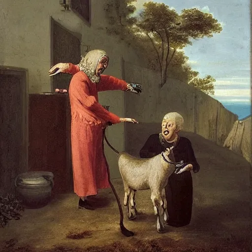 Prompt: a bizarre image of an old woman opening her throat and a goat walking into it