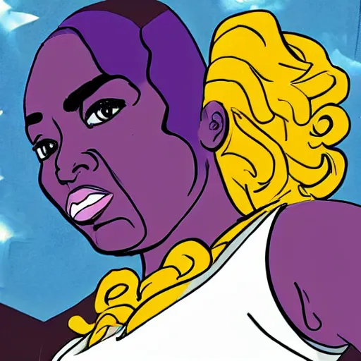 Prompt: comic book black girl superhero, wearing purple colors, has blonde hair, from Brooklyn