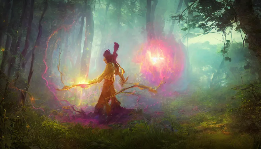 Image similar to ethereal mystery portal, seen by wanderer boy in middle of woods, vivid colors, fantasy, trending on artstation, artgerm, cgsociety, greg rutkwoski, alphonse mucha, unreal engine, very smooth, high detail, 4 k, concept art, brush strokes, pixiv art, sharp focus, raging dynamic sky, heavens