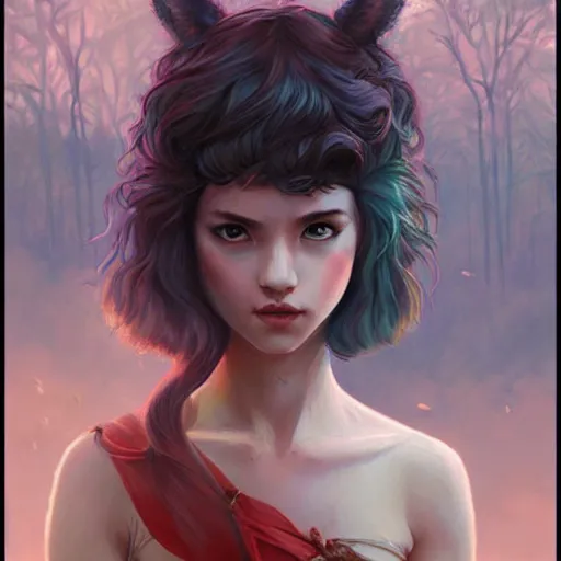 Image similar to a beautiful scenic painting of a beautiful young woman that looks like princess mononoke by artgerm and wlop and wes anderson and spike jonze