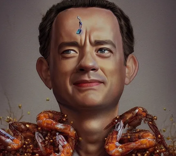 Image similar to Tom hanks as forrest gump wearing a necklace made out of shrimps around the neck, realistic face, digital art, in the style of Raphael Lacoste, amazing detail, artstation