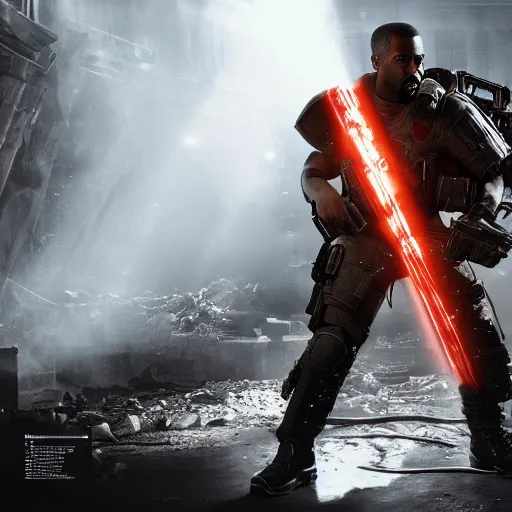 Prompt: kanye west as a ghostbuster in gears of war battlefield 5, splash art, movie still, cinematic lighting, dramatic, octane render, long lens, shallow depth of field, bokeh, anamorphic lens flare, 8 k, hyper detailed, 3 5 mm film grain