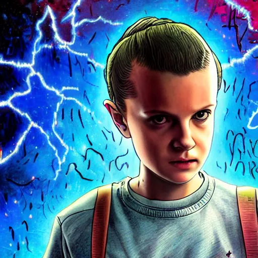 Image similar to eleven from stranger things with her hand outstretched facing the camera, trending on artstation, art by yoshitaka amano, 4k