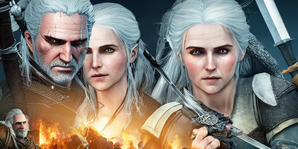 Image similar to witcher 3 ciri and geralt in the battle of the 5 armies lord of the rings, in the style of chris achilleos and alan lee