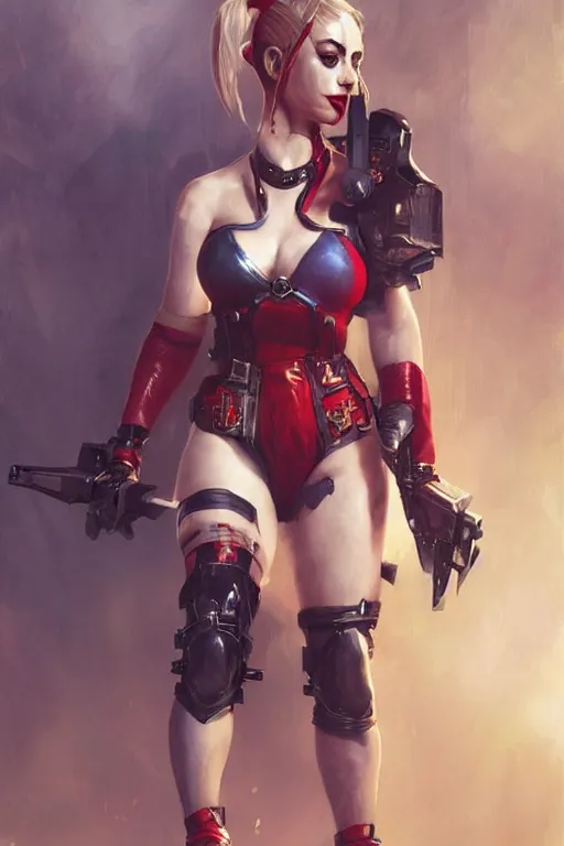 Image similar to portrait of Harley Quinn in bikini armor, dc comics, cyberpunk, Warhammer 40000, dark fantasy, digital art from artstation by Ruan Jia and Mandy Jurgens and Artgerm and william-adolphe bouguereau