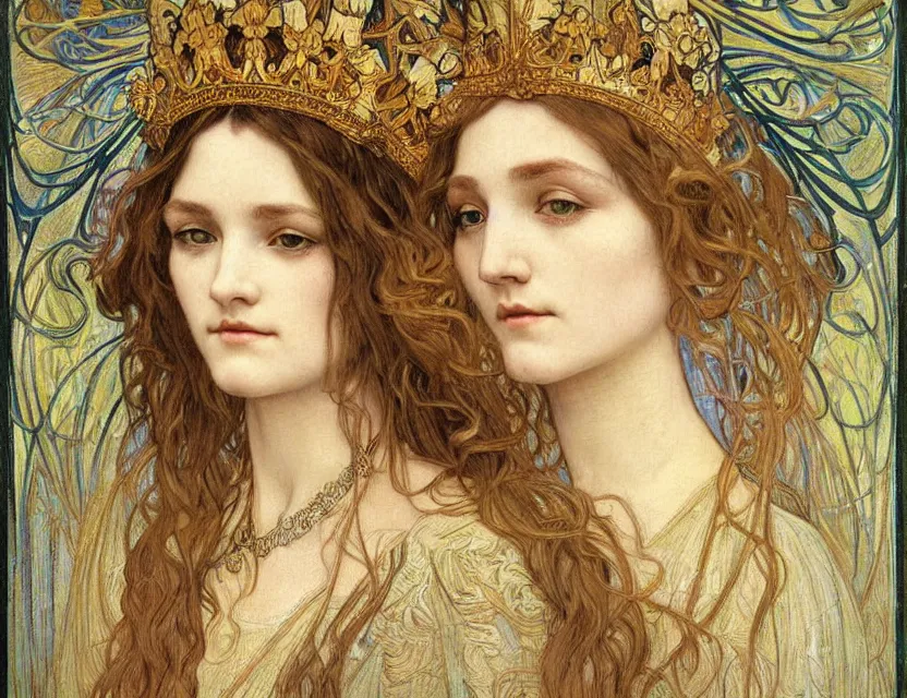Image similar to detailed realistic beautiful young medieval queen face portrait by jean delville, alphonse mucha, vincent van gogh, and marco mazzoni, art nouveau, symbolist, visionary, gothic, pre - raphaelite
