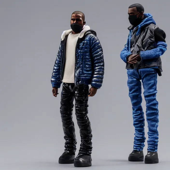 Image similar to a action figure of kanye west using full face - covering black mask with small holes. a small, tight, undersized reflective bright blue round puffer jacket made of nylon. a shirt underneath. jeans pants. a pair of big rubber boots, figurine, detailed product photo, 4 k, realistic, acton figure, studio lighting, professional photo