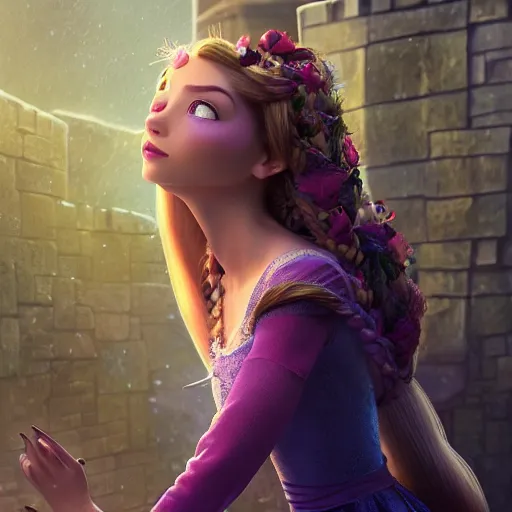 Image similar to rapunzel with her long beautiful hair wrapping around her body, huggy wuggy from poppy playtime video game, fullbody, ultra high detailed, glowing lights, oil painting, greg rutkowski, charlie bowater, beeple, unreal 5, daz, hyperrealistic, octane render, rpg portrait, dynamic lighting, fantasy art, beautiful face