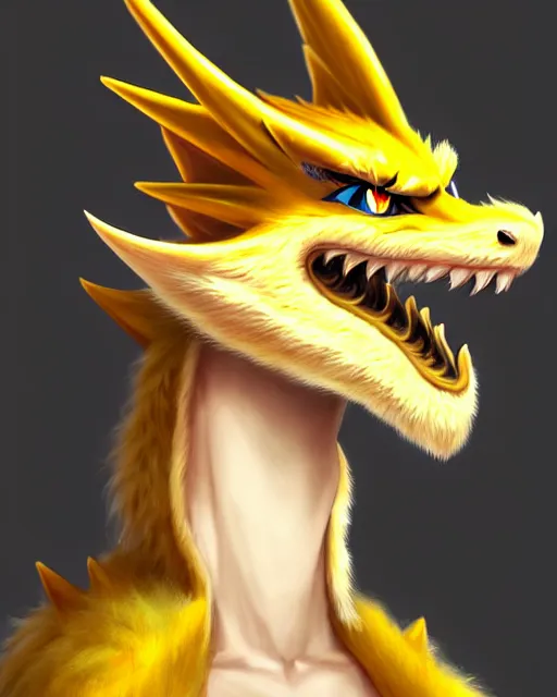 Image similar to character concept art of a cute young male anthropomorphic yellow dragon furry | | cute - fine - face, pretty face, key visual, realistic shaded perfect face, fine details by stanley artgerm lau, wlop, rossdraws, james jean, andrei riabovitchev, marc simonetti, and sakimichan, trending on artstation