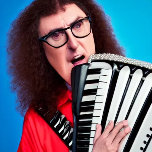 Image similar to weird al yankovic in a rocketship panicking while holding an accordion, close up