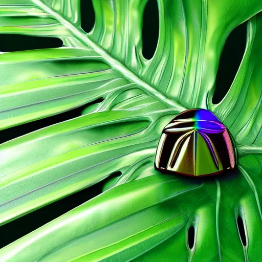 Image similar to a close-up photo of an iridescent scarab in top of a monstera leaf, octane render, realistic, shiny