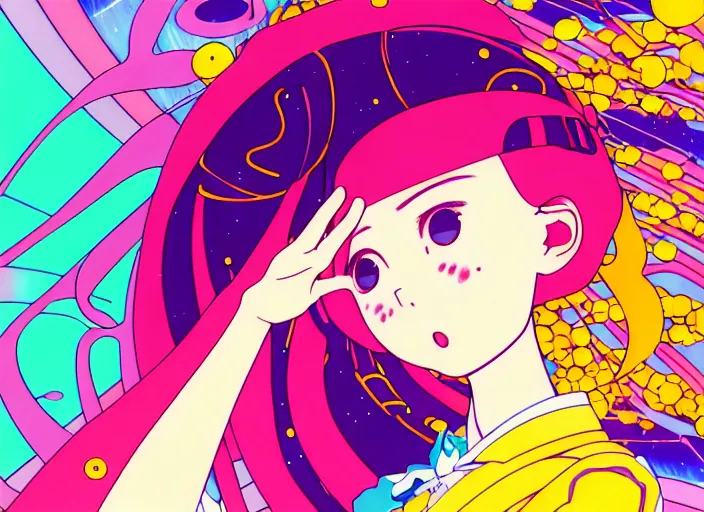 Image similar to portrait of a young girl dancing in space,Hiroyuki Imaishi,Studio Trigger,gustav klimt, kawaii, manga, bright colors,beautiful, 28mm lens,gradation,loish, rule of thirds fibonacci, Ilya Kuvshinov, Kyoto Animation,Mucha,Murata Range, fine detail