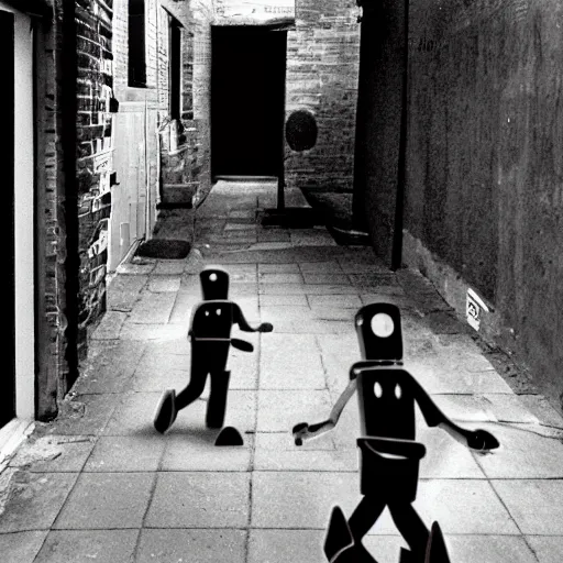 Prompt: in the style of 1960s, A scary robot is chasing after a couple of kids down the ally