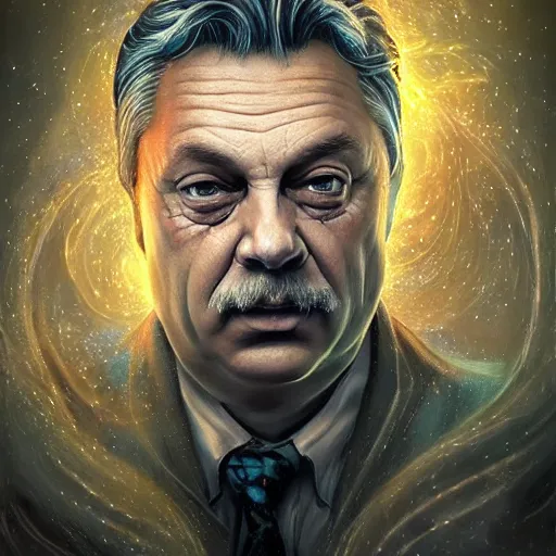 Image similar to a wlop 3 d render of very very very very highly detailed beautiful mystic portrait of viktor orban with whirling galaxy around, tattoos by anton pieck, intricate, extremely detailed, digital painting, artstation, concept art, smooth, sharp focus, illustration, intimidating lighting, incredible art,
