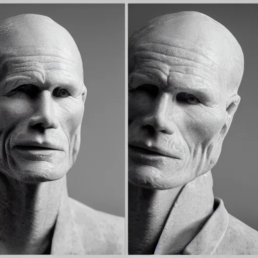 Image similar to A sculpted wax portrait, representing Ed Harris, studio lighting, F 1.4 Kodak Portra