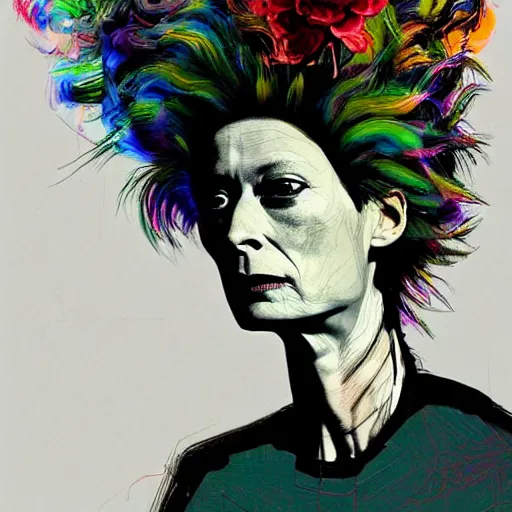 Prompt: a realistic yet sketched punk neon tilda swinton, trending on artstation, by archan nair and marlene dumas, intricate details, flowers, in the style of frank auerbach, in the style of martin ansin, in the style of david aja, by kandinsky