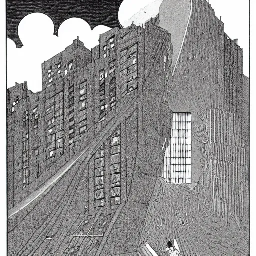 Prompt: a building in a stunning landscape by Winsor McCay