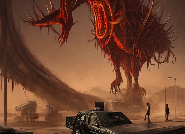 Image similar to scene inside a gas station with harsh industrial lighting, giant monstrous aggressive spiked creature screaming at the camera, epic science fiction horror digital matte painting by Moebius and Mark Brooks (and Greg Rutkowski), extremely detailed, artstation