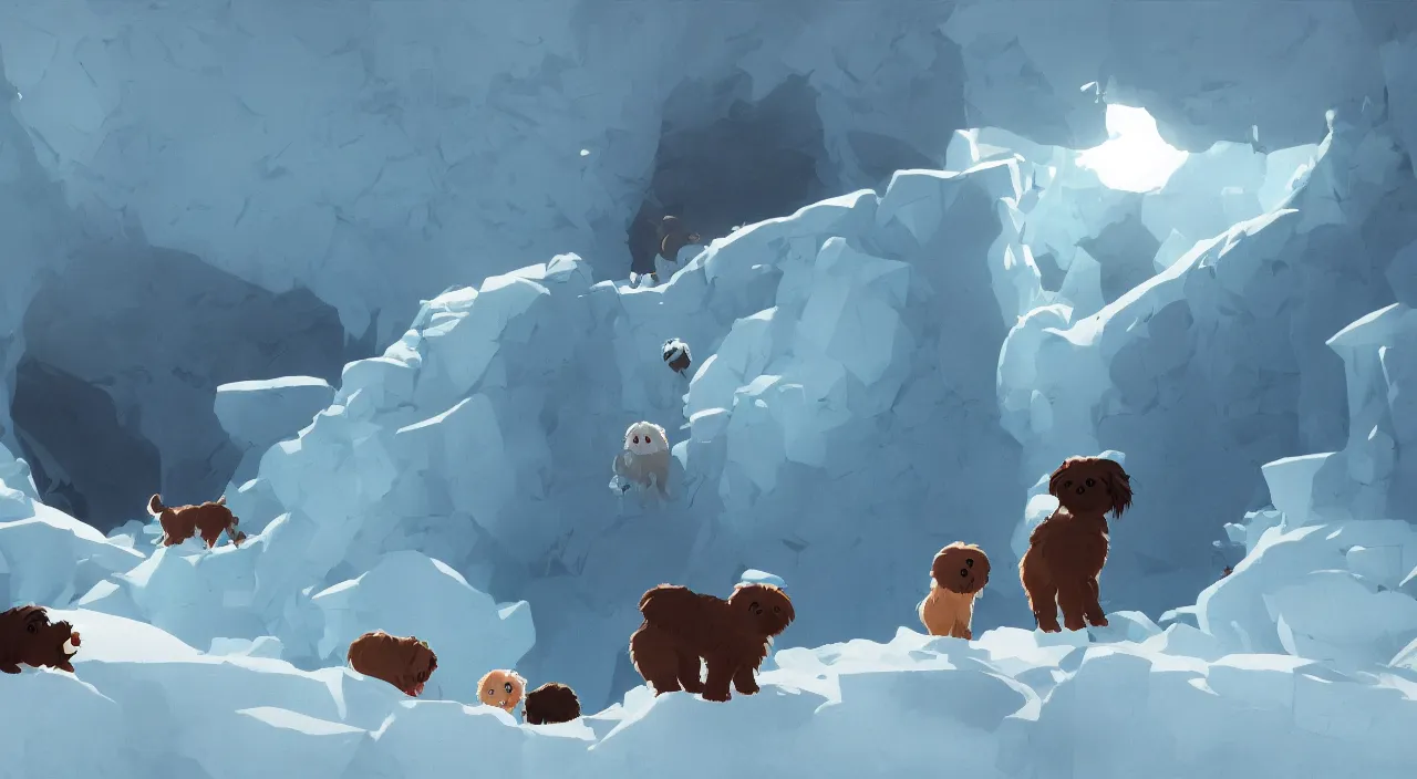 Image similar to havanese dogs rescuing arctic explorers at the edge of an ice cliff, 1 9 0 0, tartakovsky, atey ghailan, goro fujita, studio ghibli, rim light, scary, afternoon lighting, clear focus, very coherent