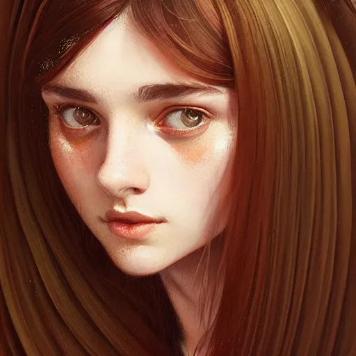 Image similar to portrait of a welsh teenage girl with brown hair, glowing skin, delicate features, amelie poulain, fantasy, intricate, elegant, dress shirt, highly detailed, digital painting, artstation, concept art, smooth, sharp focus, illustration, art by Krenz Cushart and Artem Demura and alphonse mucha