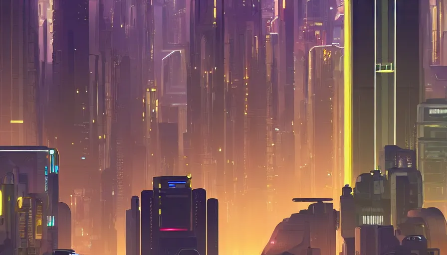 Prompt: a futuristic city at night with skyscrapers lit up, a matte painting by james gilleard, featured on pixiv, art deco, cityscape, nightscape, greeble