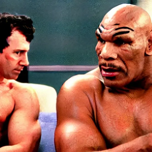 Image similar to a giant toad sitting with mike tyson in a room, realistic still from the movie the big lebowski by the coen brothers, 8 h