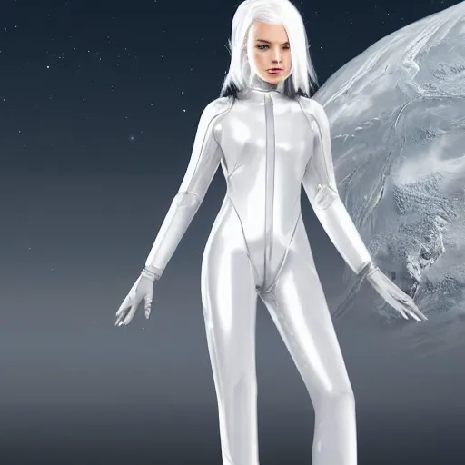 Image similar to beautiful white haired woman dressed in see through space suit in the style of zezhou chen highly detailed, smooth, sharp focus