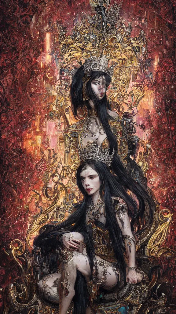 Image similar to painting of a beautiful black haired woman with pale skin and a crown on her head sitted on an intricate metal throne, illustration, artistic, colorful, hyper detailed, in the style of greg rutkowski,