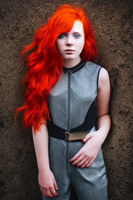 Image similar to portrait photo of a beautiful teenage girl in a futuristic jumpsuit. Red hair, freckles. In an industrial environment. Shallow depth of field. Strong keylight. Highly detailed.