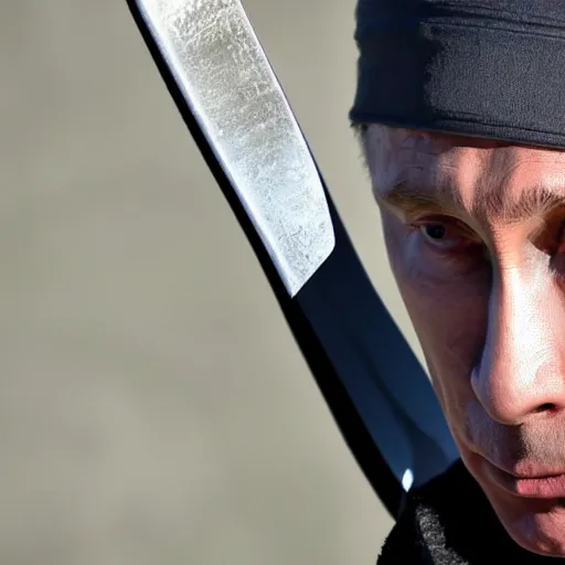 Image similar to photo of vladimir putin wearing a bandana and holding a sword, depth of field