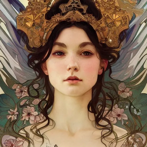Image similar to a beautiful painting of a beautiful angel by ross tran!! and alphonse mucha and greg rutkowski! and gustav dore! and artgerm!!, in style of digital art illustration. symmetry. highly detailed face. fantasy, smooth, hyper detailed, sharp focus, soft light. trending on artstation. 4 k