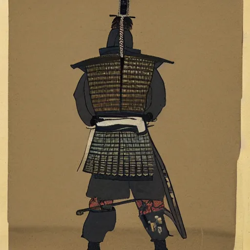 Image similar to A FULL BODY PORTRAIT FROM BEHIND OF A SAMURAI WITH A KATANA AND A CHAIN