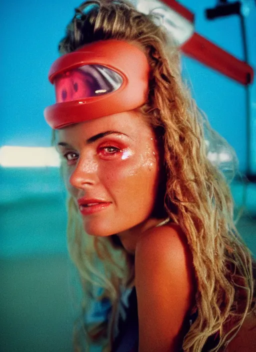 Image similar to A hyper realistic and detailed head portrait photography of Rebecca Romign of Baywatch on a futuristic beach. by Annie Leibovitz. Neo noir style. Cinematic. neon lights glow in the background. Cinestill 800T film. Lens flare. Helios 44m