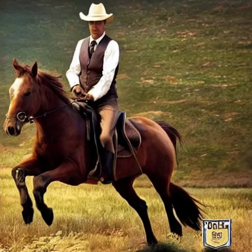 Image similar to saul goodman riding a horse while holding a sword, photograph, high rated, realistic, award winning