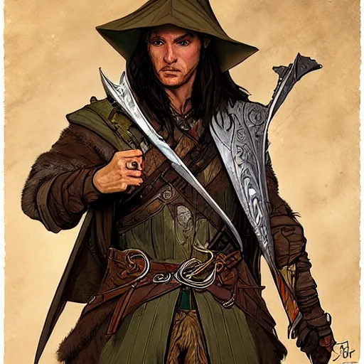 Image similar to Kethlan the elven desert bandit. Epic portrait by james gurney and Alfonso mucha (lotr, witcher 3, dnd).