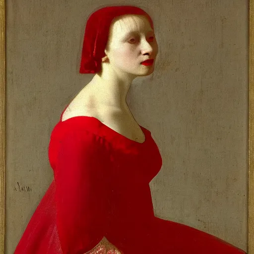 Image similar to sublime portrait of a woman in a red satin dress, very pale, graceful, imposing, idealistic, by Vermeer, Jean Auguste Dominique Ingres, 17th-century, smooth, sharp focus, highly realistic