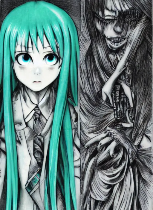 Prompt: hatsune miku by junji ito and kentaro miura, horror manga, detailed, eerie