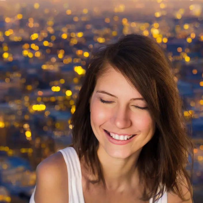 Prompt: a beautiful girl from minnesota, brunette, joyfully smiling at the camera with her eyes closed. morning hour, plane light, portrait, minneapolis as background.