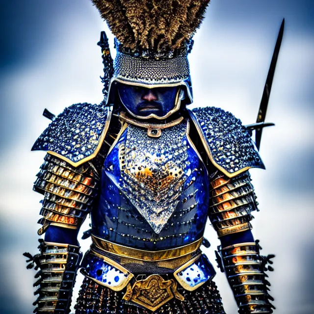 Image similar to photo of a warrior with sapphire encrusted armour highly detailed 8 k hdr smooth sharp focus high resolution award - winning photo dslr 5 0 mm