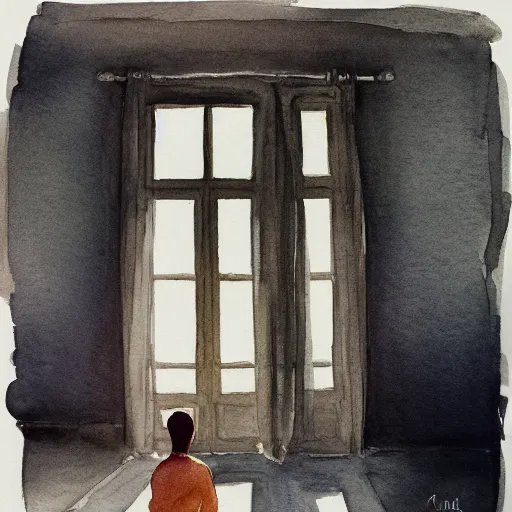 Prompt: person in pyjamas standing near window, sun rays, daylight, french door window, 2 4 mm, anamorph lenses, photorealistic, high ceiling, watercolor painting