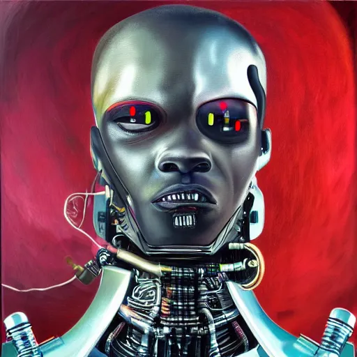 Image similar to a realistic oil painting of a black man as a cybernetic cyborg, surrealism portrait, surrealism album cover