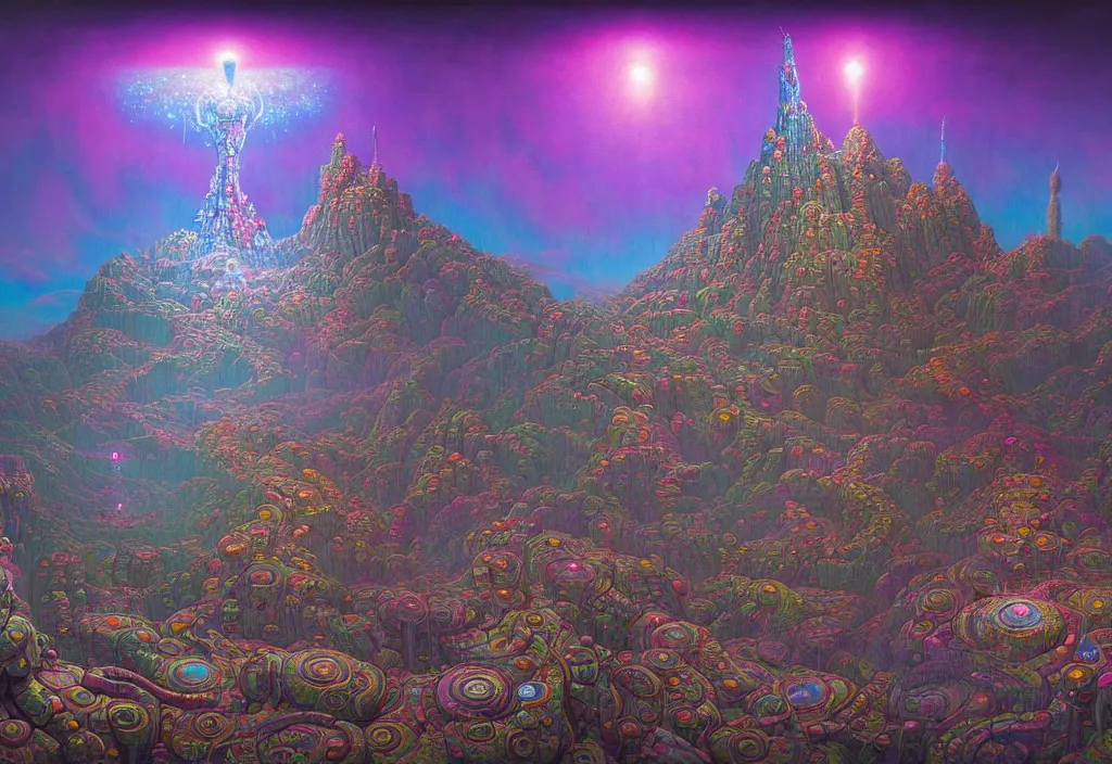 Image similar to beautiful ultradetailed painting of candyland with a cybernetic symbiosis general dynamics gatling gun melded with a professional video camera with glitter lenses made by beksinski, pinterest, google, etsy, artstation, beautiful ultradetailed painting, focal plane near, focal plane far, unreal engine