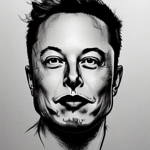 Image similar to Elon Musk portrait profile, black and white sketch, cellshaded, drawn in fine-tip pen, made by WLOP, trending on artstation